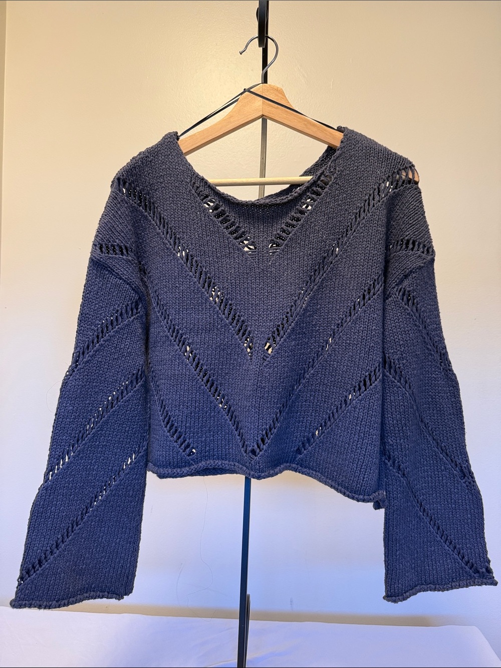 Mustard Seed Navy Open-Knit Chevron Crewneck Sweater